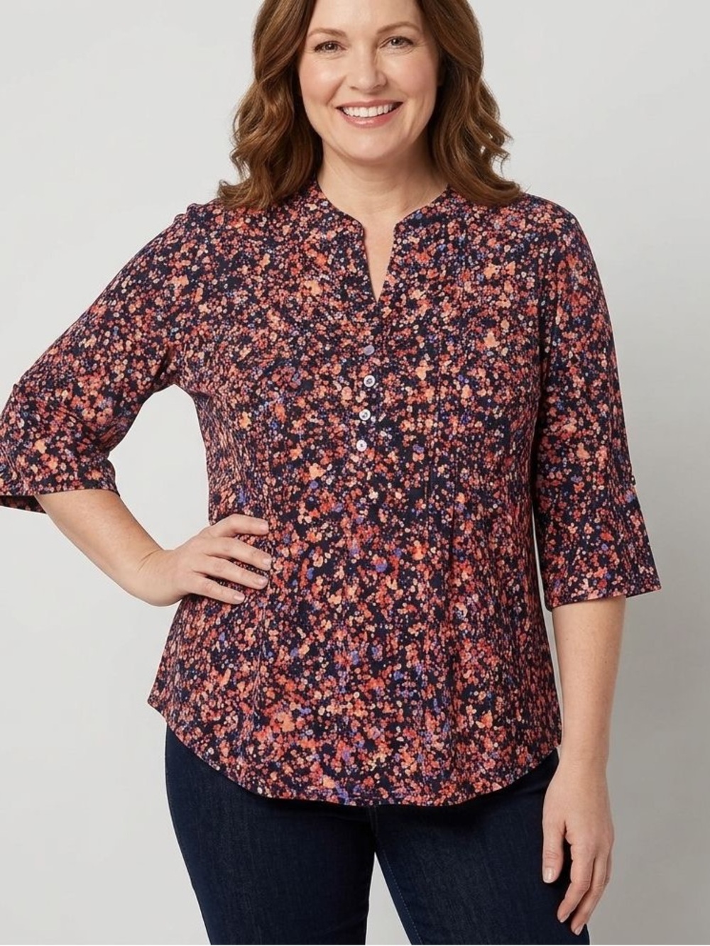Women's Floral Split-Neck Blouse in Navy and Coral